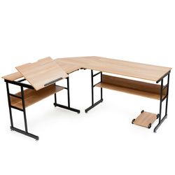 L-Shaped Computer Desk Drafting Table With Tiltable Tabletop & Bookshelf