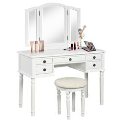Tri-Fold Mirror Table Stool Wooden Vanity Make Up Dressing Set